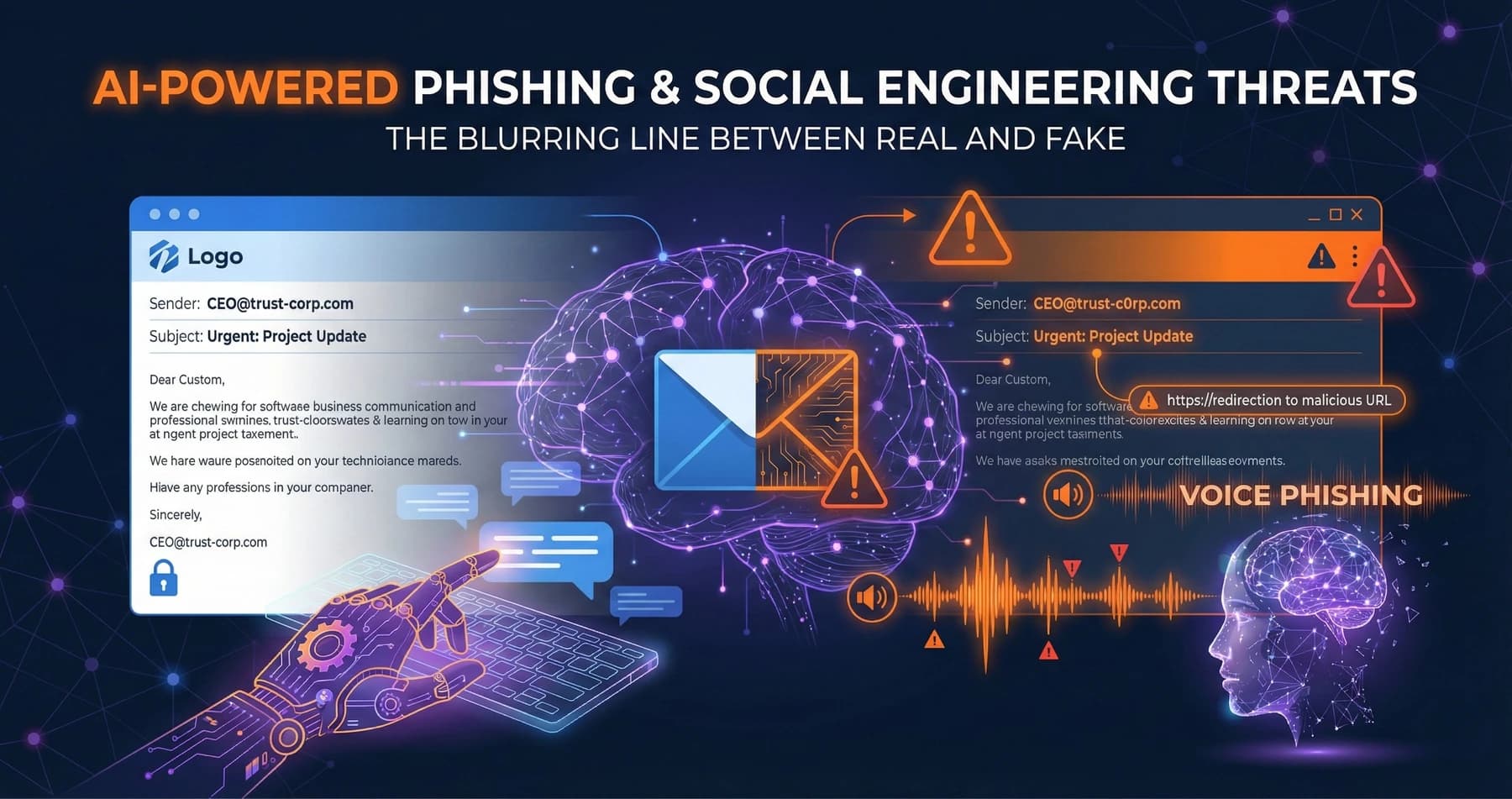 Abstract representation of AI-generated phishing threats with neural network patterns