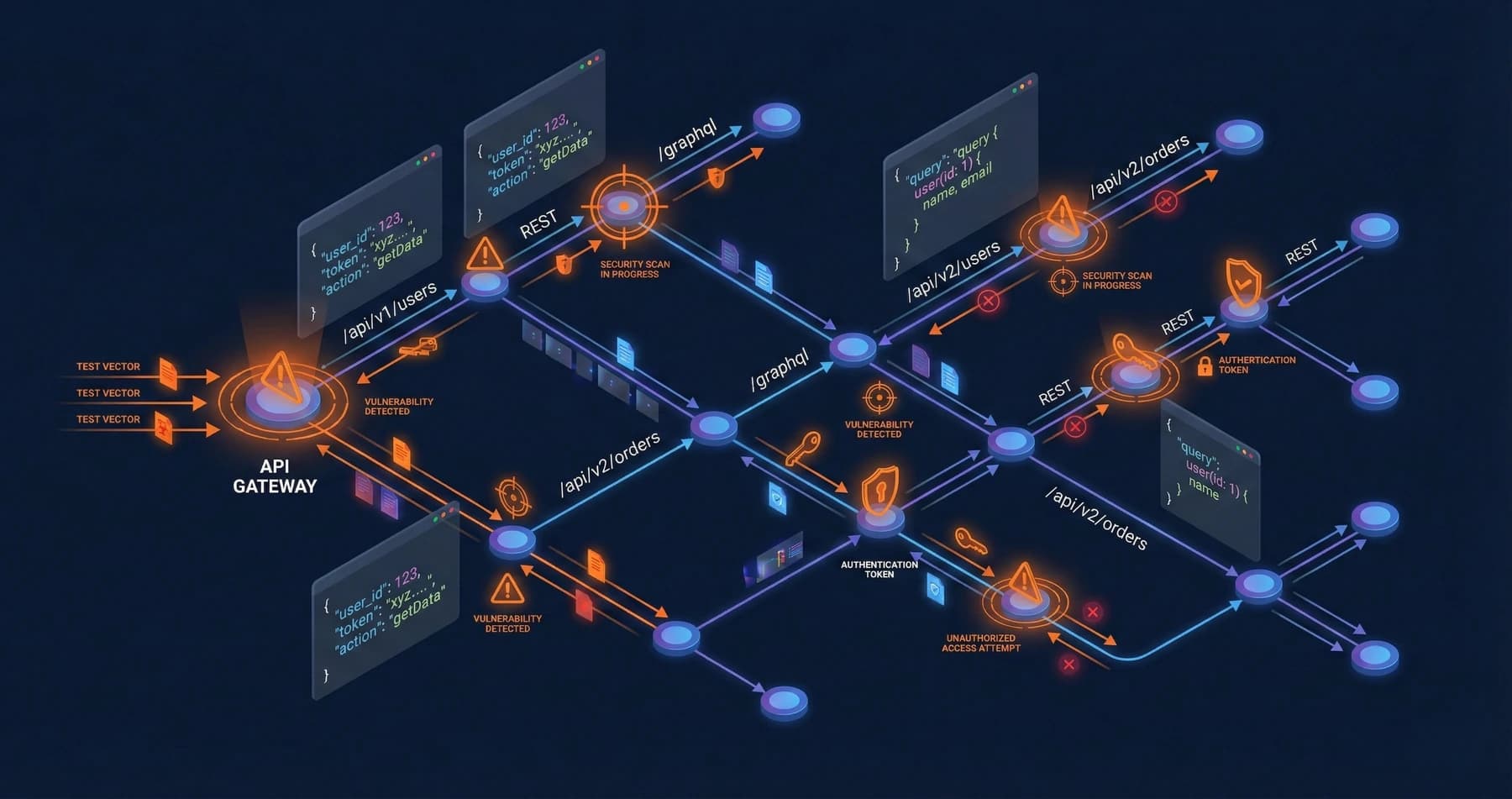 API architecture visualization showing security testing points and vulnerabilities