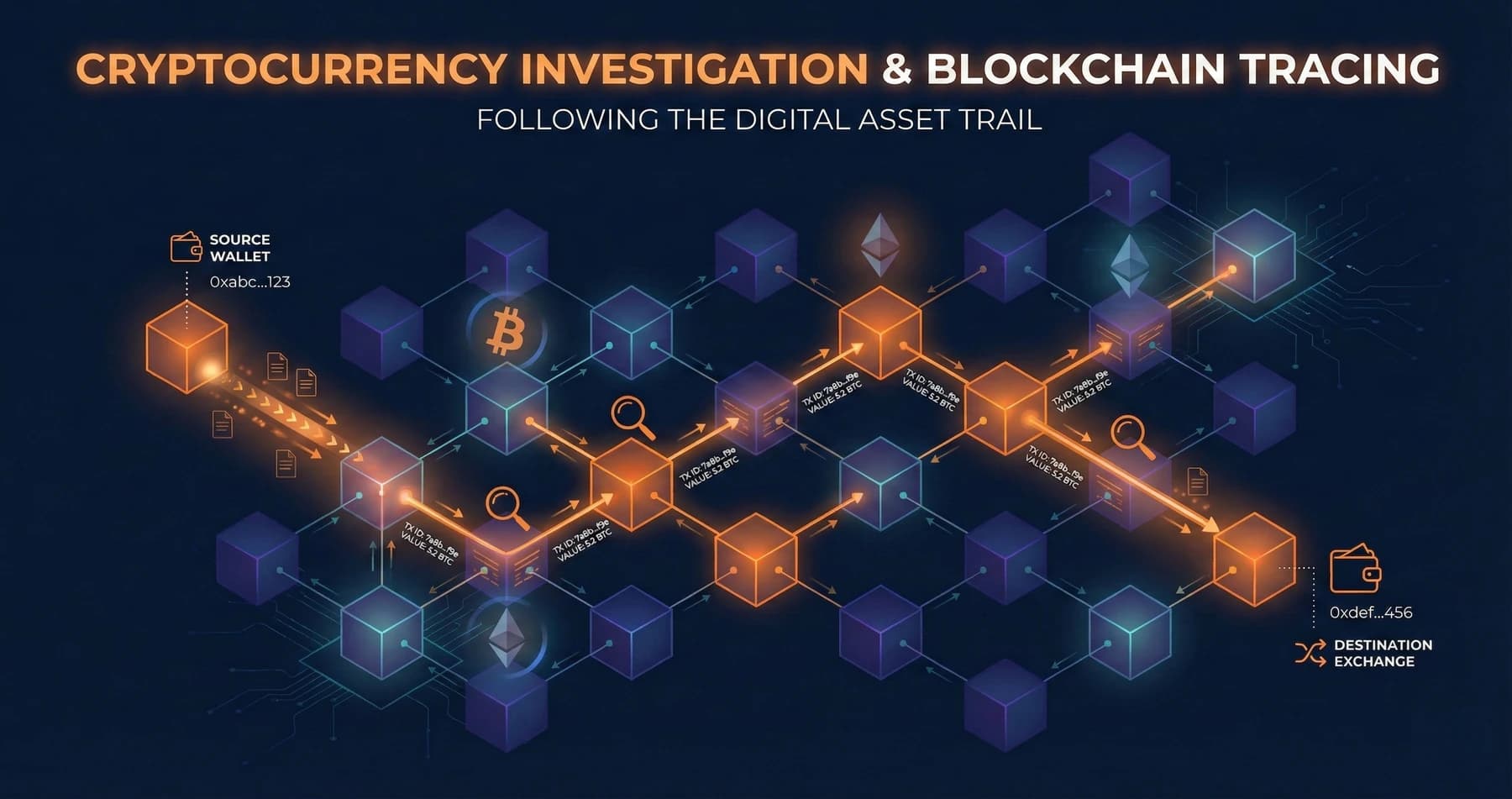 Blockchain analysis visualization showing cryptocurrency transaction tracing