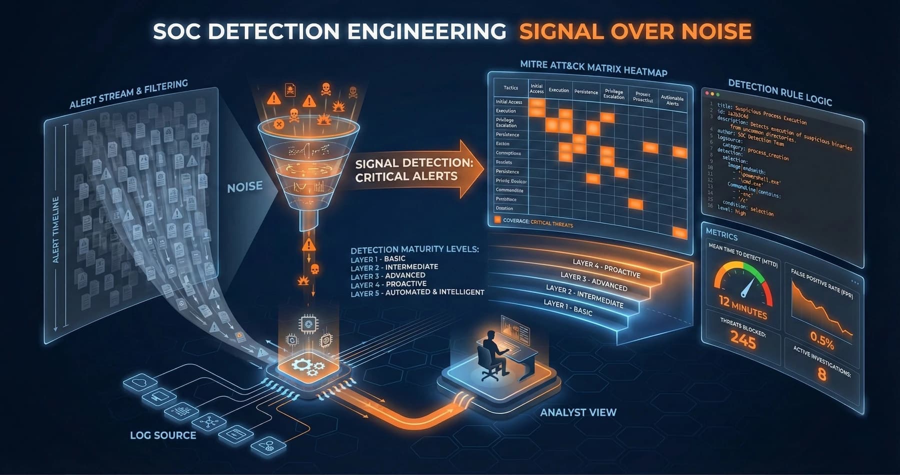 Security operations center screens showing threat detection dashboards and alerts