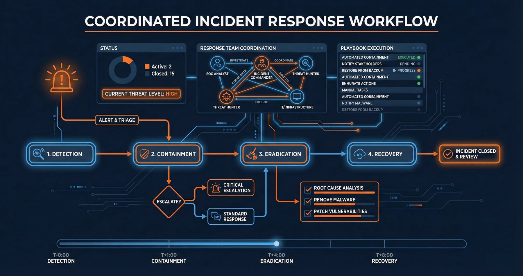 Coordinated incident response team working through security breach procedures