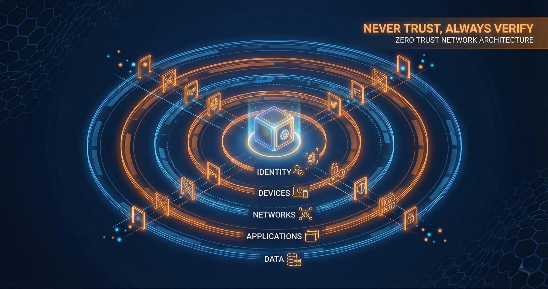 Abstract visualization of zero trust network architecture with authentication checkpoints