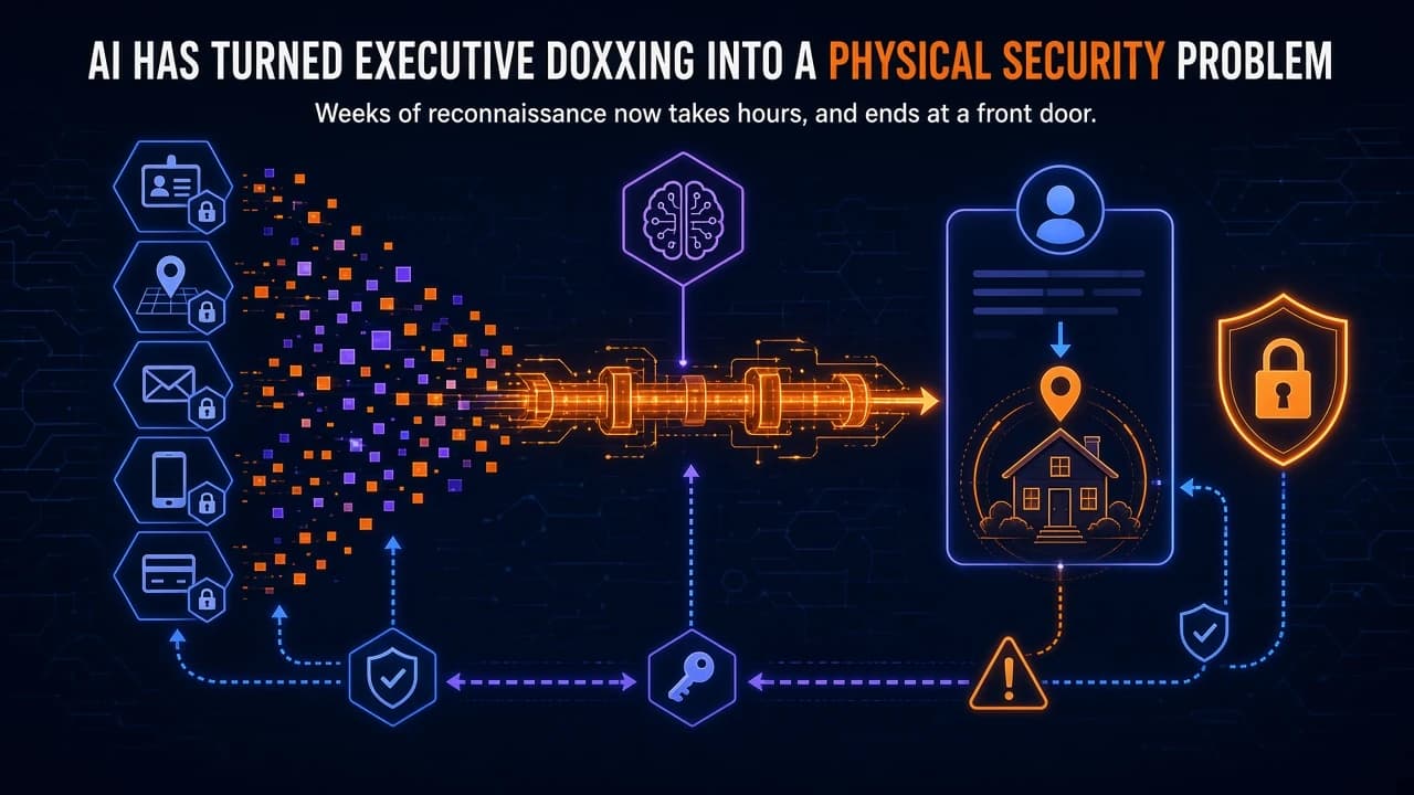 Dark navy hero illustration of padlocked data broker silos whose scattered fragments are stitched by an automated pipeline into one profile resolving to a home address