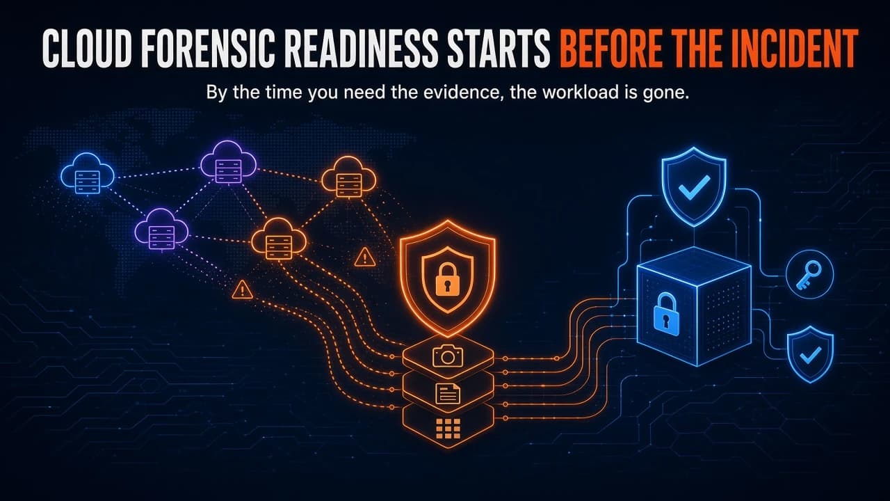 Dark navy hero illustration of cloud workloads fading out while a capture pipeline routes snapshots and logs into a retained evidence vault
