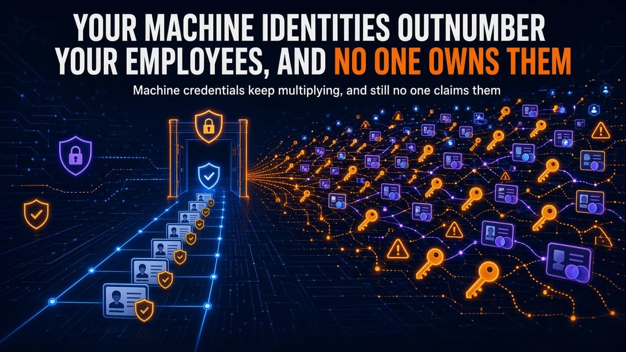 Illustration of a dense web of API keys and service account tokens converging on an unattended access node
