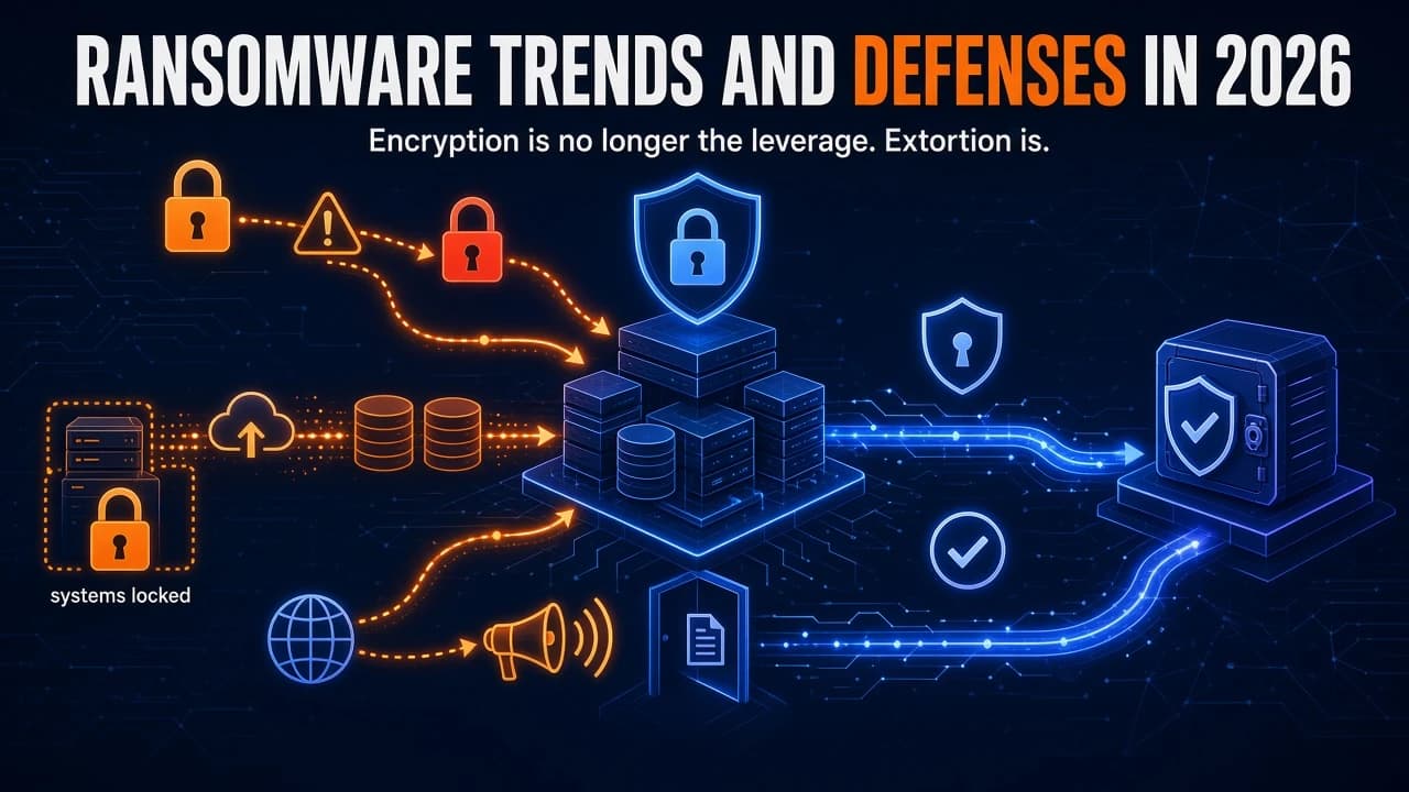 Dark navy hero illustration of locked systems with data copies leaving to an external store and a disclosure channel opening, beside an isolated backup vault feeding a recovery path back in
