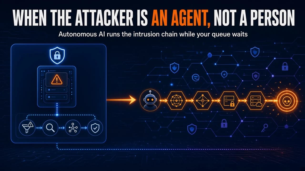 Dark navy hero illustration titled When the Attacker Is an Agent, Not a Person, showing a blue SOC alert pipeline beside an orange autonomous attack chain of linked stages racing ahead of it